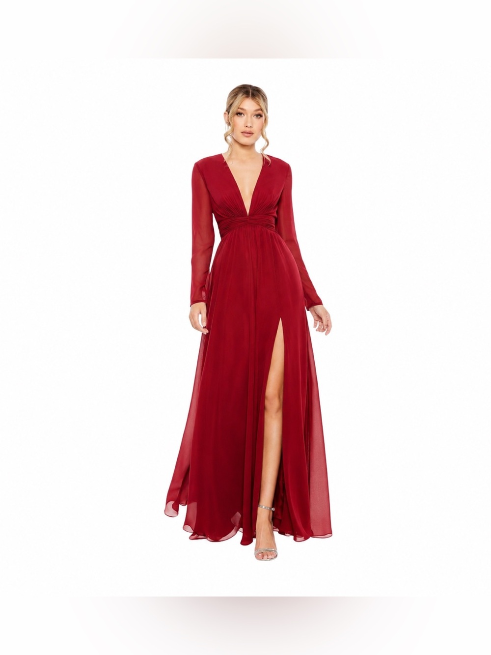 Mac Duggal Elegant Deep Red Long Sleeve V-Neck Evening Gown